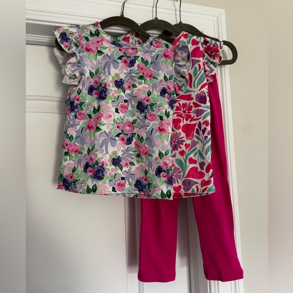 4T Mila & Rose BUNDLE - 2 floral ruffle tees and 1 legging - all great condition
